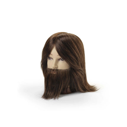 Tommy training head, 100% real hair, dark brown, with a beard of 35/40 cm